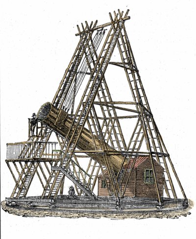 Znázornění dalekohledu anglického astronoma Williama Herschela (1738-1822). Rytina 19. století od Unknown artist