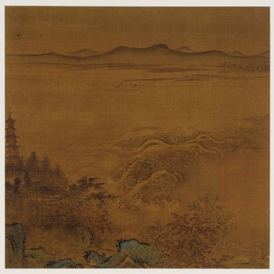 Říční krajina: pagoda, zpěněné peřeje, vzdálené kopce od Unknown artist