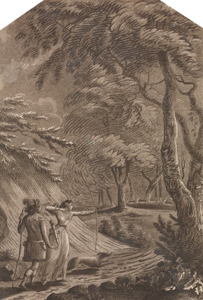 Robin Hood a Clarinda loví jeleny v zalesněné krajině od Unknown artist