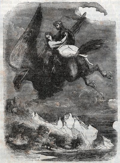 Roger (Ruggero, Ruggiero) a Angelique (Angelica) na hippoclaw - rytina z roku 1851 z „“Roland furieux““ (Orlando furioso) (16. století) od Ludovica Ariosta, známého jako Ariosto – vydání přeložené z italštiny hrabětem z Tressanu a zveřejnit od Unknown artist