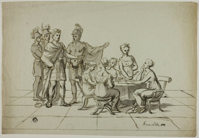 Římský císař se blíží ke skupině žen sedících u stolu od Unknown artist