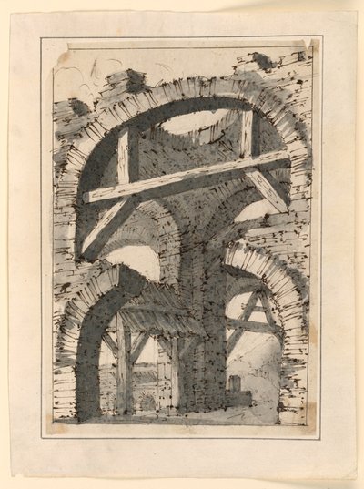 Hrubé kamenné oblouky zesílené dřevěnými trámy od Unknown artist