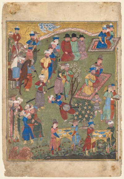 Královská recepce v krajině, levé folio z dvojitého frontispisu Shahnamy (Kniha králů) z Firdausi (perština, asi 940–1019 nebo 1025) od Unknown artist
