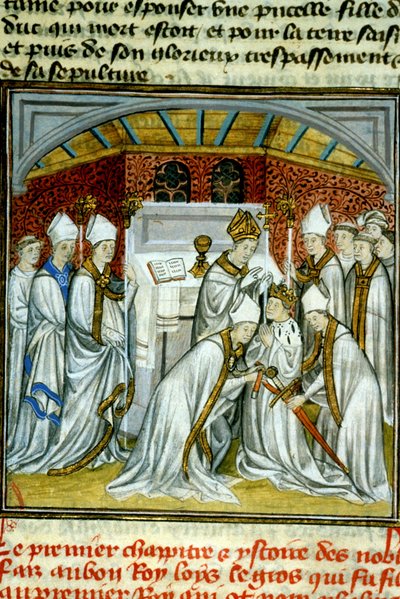 Sacre of Louis VI (1108) – Iluminace rukopisu na velínu ze středověku „“Velké kroniky Saint-Denis““ koncem 14. století (ref.512 od Unknown artist
