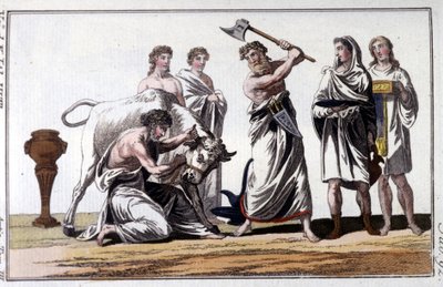 Obětování býka mezi Kelty. 19. století rytina. od Unknown artist