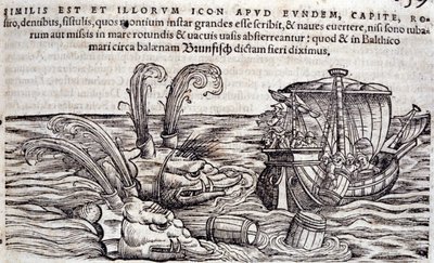 Námořníci házejí sudy do moře, aby odvrátili pozornost příšer při pronásledování. Rytina v „Historia Animalium“ od Conrada Gesnera (1516-1565), Tiguri od Unknown artist