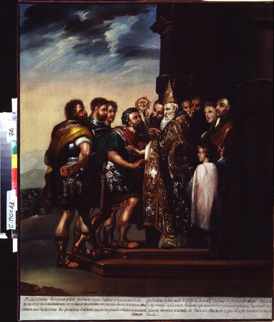 Svatý Ambrož a císař Theodosius I. (Saint Ambrose and the Emperor Theodosius). Exkomunikace Theodosia I. (Flavius ​​​​Theodosius nebo Theodosius Veliký (347-395), římský císař v letech 379-395) Ambrožem Milánským (Aurelius Ambrosius, 340-397). Vymalováno od Unknown artist