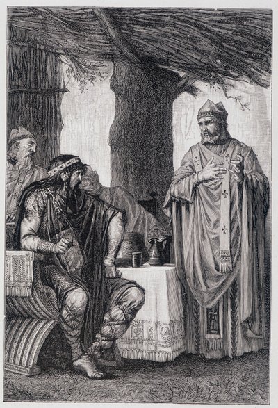 Saint Gregoire z Tours (538-594) stojící proti Chilpericovi I. (539-584) králi Neustrije. od Unknown artist