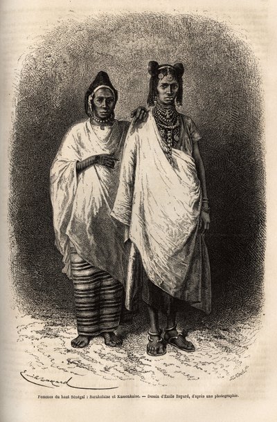 Sarakolese a Kassonkese ženy, populace Horního Senegalu, v tradičním oblečení. Rytina pro ilustraci plavby na pobřeží Afriky od viceadmirála Fleuriota de Langle, v roce 1868, publikovaná v „“Le tour du monde“““ 1872, editoval Edouard Charton od Unknown artist