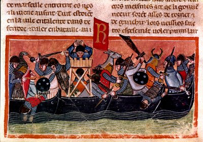Scéna námořní bitvy Miniatura z francouzského kodexu na pergamenu „Fakta o Římanech““ vyprávějící starověkou historii až po Julese Cesara (101 př. n. l. – 44 př. n. l.). Benátky 13. století, biblioteca Marciana od Unknown artist