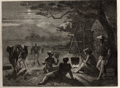Scéna zbytku země, v měsíčním světle, rohože jsou vztyčeny na zemi po dni práce. Rytina k ilustraci plavby do Japonska v letech 1863-1864 od Aime Humberta, ministra Švýcarské konfederace, v „Le tour du monde, nouveau journal des od Unknown artist
