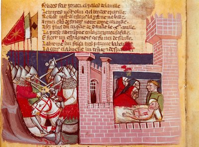 Scéna bitvy u Roncesvaux v roce 778. Bitva mezi armádou Karla Velikého a Saracény, kde byl zabit rytíř Roland. Je zástupcem vpravo. Miniatura z kodexu „The Entrée d