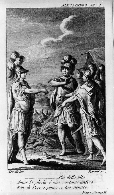 Scéna prvního jednání „“ Alexandre aux Indies“ (Alessandro nelle Indie), opera skladatele Niccolo Vito Piccinni (nebo Piccini) (1728-1800) (1758) na libreto Pietra Metastasia (Metastase). Rytina z konce 18. století od Unknown artist