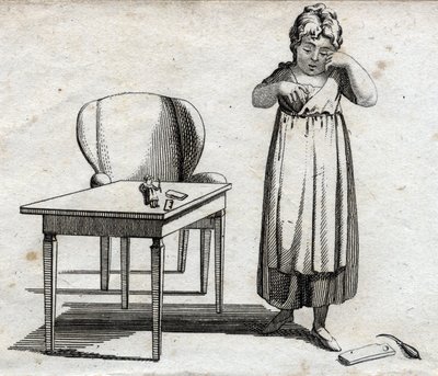 Školačka, která chce udělat svůj domácí úkol. Rytina konce 18. století. Soukromá sbírka. od Unknown artist