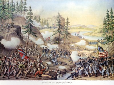 Secesní válka (1861 - 1865) nebo American Civil Giuerre: 24-25/11/1863: po dvou dnech bitvy u Chattanooga, Tennessee, vítězství Severní armády, které velel generál Rosecrans. Rytina. od Unknown artist