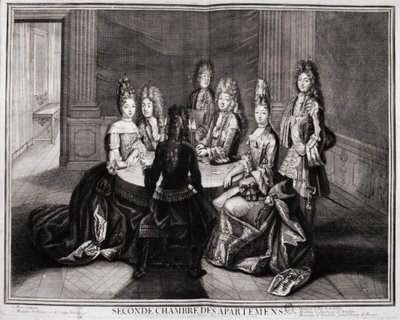 Druhý pokoj apartmánů (Versailles): 1. Monsignor, 2. Madame princezna z Conty vdova, 3. Monsieur le Duke de Bourbon, 4. Madame vévodkyně z Bourbonu, 5. Monsieur de Vandôme, velkopřevor Francie. Rytina Trouvain, počátek 18. století od Unknown artist