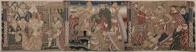 Část vyšívaného vlysu: Ahasver a Ester, Papež plísní císaři, Jindřich VIII. šlape papeži na krk od Unknown artist