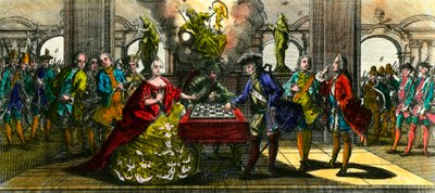 Sedmiletá válka: alegorie představující Marii Terezii Rakouskou (1717-1780) a Fridricha Pruského (1712-1786) hrajícího šachy. Rytina soukromé sbírky z 18. století od Unknown artist