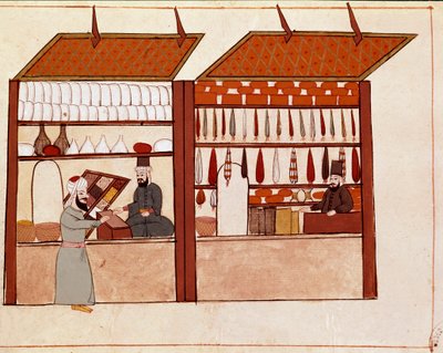 Obchody v ulicích Konstantinopole. Miniatura převzata z rukopisu Cicogna z 19. století (1828) podle originálu ze 17. století (1671). Benátky, Biblioteca Marciana od Unknown artist
