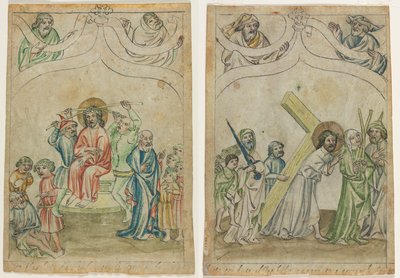 Jeden list z "Biblia Pauperum": Kristus korunovaný trny (recto) Kristus nesoucí kříž (verso) od Unknown artist