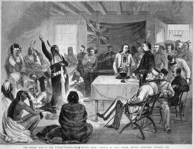 Sitting Bull and Buffalo Bill: Sitting Bull Council ve Fort Walsh, Britské území, během války s Indiány, říjen 1877 od Unknown artist