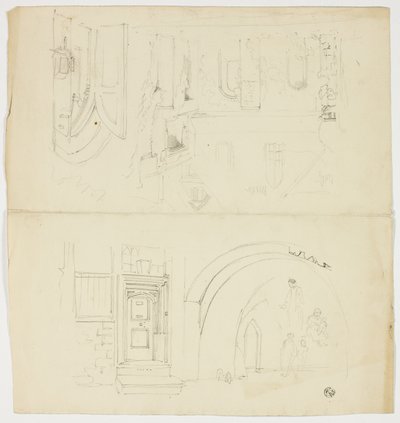 Náčrtky dveří, postav, budovy s bočním vchodem do kostela (recto); náčrt věže (verso) od Unknown artist