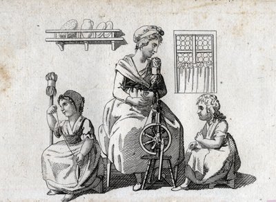 Předení: matka a její dcery předení vlnu. Žena používá kolovrat a její dcera orobinec. Koncová rytina 18. století. Soukromá sbírka. od Unknown artist