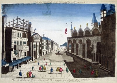 Náměstí kostela sv. Marka a Velké náměstí zakončené kostelem sv. Geminiána v Benátkách. Rytina 18. století. od Unknown artist