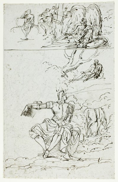 Studijní list se sedícím rytířem (recto); stojící mužská postava ve středověkém oděvu (verso) od Unknown artist