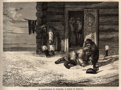 Nedělní posvícení má kmínový likér, dělníci Dorpatu. Kresba Henrieta pro ilustraci jeho cesty do ruských pobaltských provincií v letech 1851-54. Rytina v „“Le tour du monde““, editoval Edouard Charton od Unknown artist
