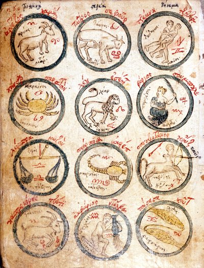 12 znamení zvěrokruhu - v "Astrologických tabulkách a kabalistice", počátek 15. století. od Unknown artist