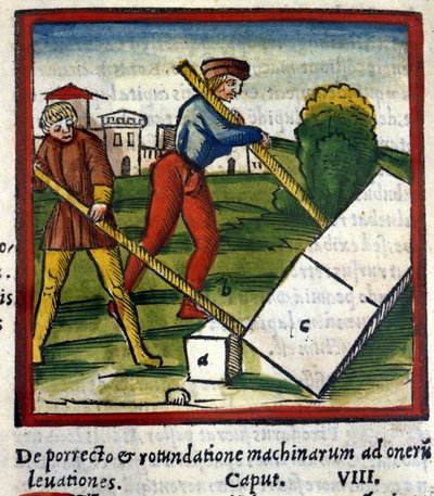 Archimedova páka (287 př. n. l. - 212 př. n. l.) na architektuře Vitruvy. 1630. Trivulziana, Milán. od Unknown artist