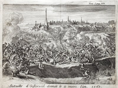 Bitva u Oosterweel (Nizozemsko, Nizozemsko), která se konala 13. března 1567, první konfrontace války osmdesáti (osmdesáti) let (1567-1648). Rytina k ilustraci „Historie války o Flandry“, od Flamianus Strada, vydání Joseph T
