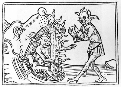Proces Belial: „Beliální démon se vrací ke vchodu do podsvětí““ Rytina z „The Belial Proces“ od Jacobuse de Teramo (nebo Palladino), Ausburg od Unknown artist