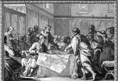 Karolinská říše byla rozdělena mezi tři syny Ludvíka Zbožného: Lothaire I., Ludvík Germánský a Karel Plešatý podle smlouvy z Verdunu (843). Rytina 18. století. od Unknown artist