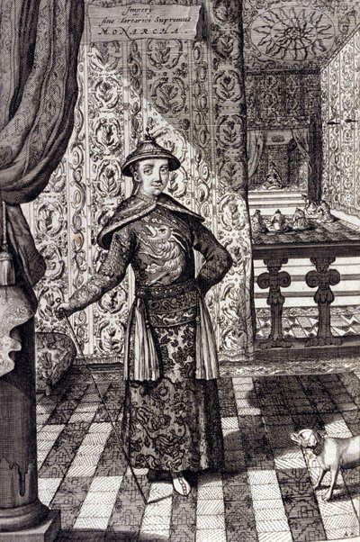 Čínský císař a nejvyšší vládce Tatarů - čínský císař Kangxi (1652-1722) dynastie Čching, rytina Athanasius Kircher (1601-1680) z „“ China Monumentis, qua sacris qua profanis“““ 1667 – čínský císař Kangxi (16522 -1722) dynastie Čching, od Unknown artist