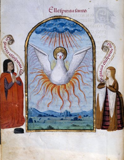 Stránka Rukopis Svatého Ducha převzata ze „Sbírky oddanosti královny Joan the Folle (1479-1555) Španělska““ od Pedra Marcuella („“Oddanost královny Da Juana, které říkali šílená“), Slunce 15. století. ... 0,21x0,14 m Chantilly, Museum Cond od Unknown artist