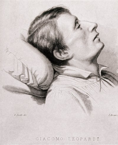Italský básník Giacomo Leopardi (1798-1837) na smrtelné posteli. Rytina 19. století od Unknown artist