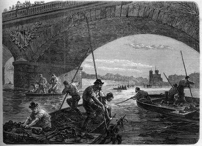 Pařížská komuna v roce 1871. Lov zbraní vhozených do Seiny pod slavkovským mostem Federes (komunardi) v době závěrečné debaty komuny. od Unknown artist