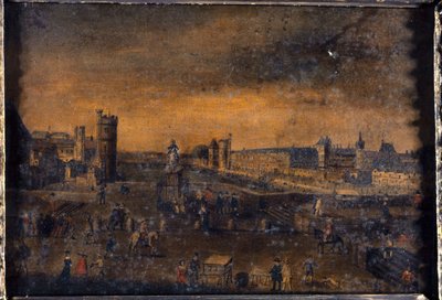 Pont-Neuf, pohled od vchodu na náměstí Dauphine, Hôtel de Nevers, Tour de Nesle, Velká galerie s Porte Neuve a Louvre, kolem roku 1640, dnešní 1. a 6. obvod, mezi lety 1635 a 1645 (olej na plátně) od Unknown artist