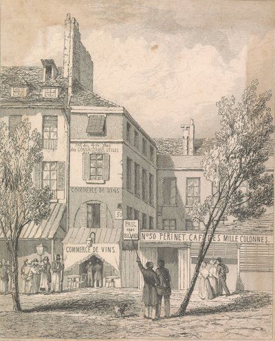 Rezidence Jeschi na Boulevard du Temple, z kresby vytvořené na místě. Okno zakryté roletou je to, odkud byl smrtící motor [Dissil?]; strana 2 (svazek 2) od Unknown artist