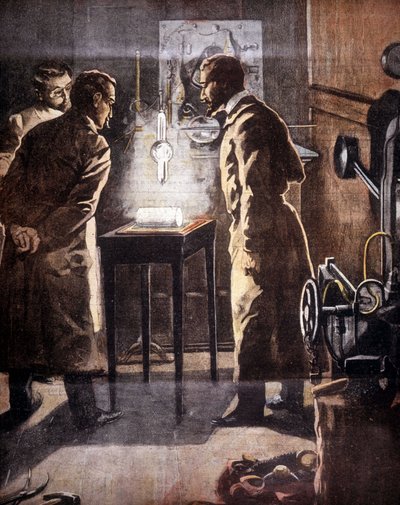 Rentgen (Rontgen) nebo rentgenové záření. Objeven v roce 1895. Ilustrace představující experiment. od Unknown artist