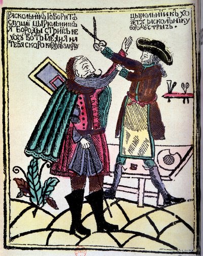 Ruský car Petr I. Veliký (1672-1725) vyhlásil v roce 1722 reformu, která vyžadovala stříhání vousů. Rytina Paříže 18. století, B.N. od Unknown artist