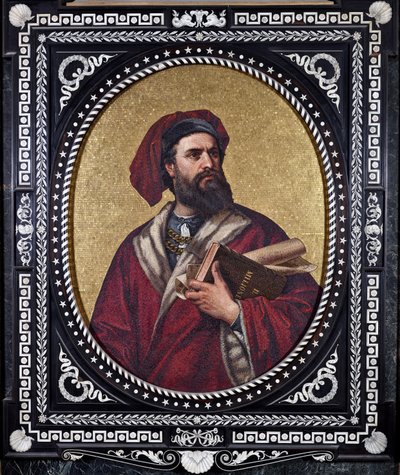 Benátský průzkumník Marco Polo drží pod paží dílo „Kniha divů“ a sleduje jeho cesty od Unknown artist