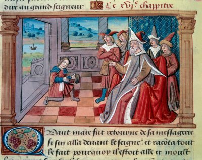 Benátský mořeplavec Marco Polo (1254-1324) před velkým Qubilai (Kubilai Khan, první císař mongolské dynastie Yuan (1215-1294). Miniatura převzata z „“The Book of Wonders“““ („“Devisement du monde“, „“Il Milione“) od Marca Pola (1254 od Unknown artist