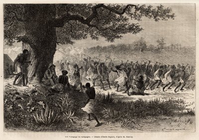 Vouagogové (kmen Tanzanie) v přípravě na válku pod stromečkem, autor příběhu Henry Morton Stanley (1841-1904). Rytina znázorňující cestu při hledání Livingstone ve střední Africe od Henryho Stanleyho, dopisovatele „New-Y“ od Unknown artist