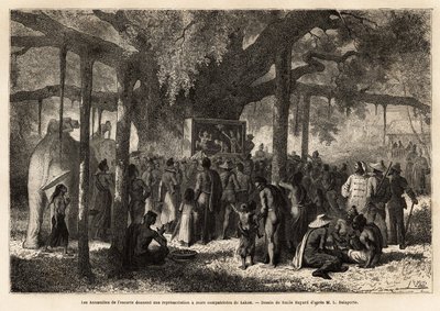 Annamiti Garnierova doprovodu improvizovaně zastupují své krajany v Lakonu (Laos), poté, co na úpatí baniana s obrovským kmenem postavili malé loutkové divadlo. Rytina znázorňující průzkumnou cestu v Indočíně, od Unknown artist