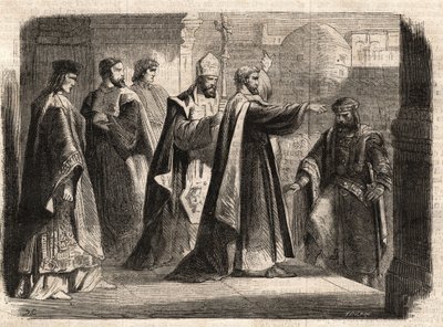 Arcibiskup svatý Ambrož z Milána (Aurelius Ambrosius, Ambrogio di Milano (340-397) zakázal vstup do kostela římskému císaři Theodosiovi I. (Flavius Theodosius) (347-395), aby ho potrestal za masakr v Soluni v roce 390 - Excommunicati od Unknown artist