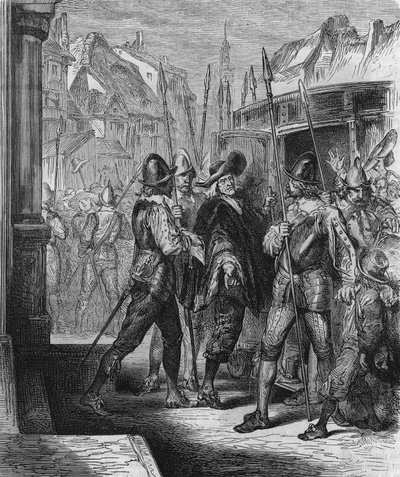 Zatčení Pierra Brousela (1575 - 1654) v roce 1648 na příkaz Anny Rakouské, což vyvolalo úlevu lidu (dny barikád) a Frondy. Rytina z roku 1866. od Unknown artist