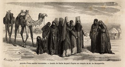 Příchod turecké (Turkmenistán) manželky do rodiny jejího manžela; dcery se nevdávají do 17 let, vybírá je manžel, který sjednává věno (které poskytuje rodině své budoucí manželky) a podmínky sňatku. Rytina od Unknown artist